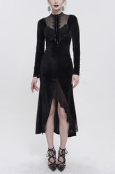 Robe gothique asymétrique à manches longues pour femme avec col montant noir, dentelle cachemire paisley sur la poitrine et empiècement en maille